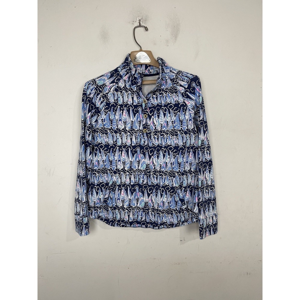 Lilly Pulitzer Womens Shirt Small Blue Nautical Preppy Beachy UPF 50+‎ Travel